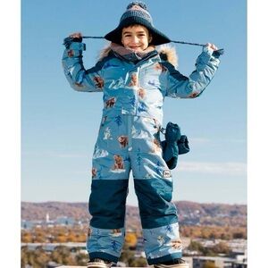 Bear Print One-Piece Blue Snowsuit Size 4